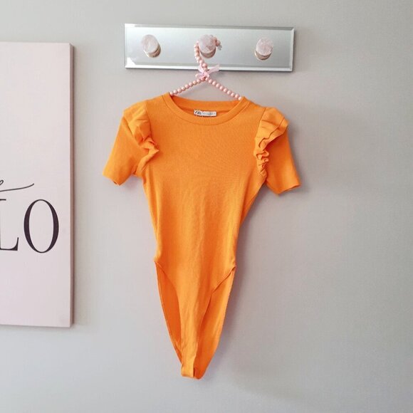 NWT Zara orange ruffle shoulder rib bodysuit, S - Picture 11 of 13